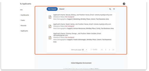 My Applicants page opens. Two buttons that can be selected at top-left hand corner include 'Not cleared' and 'cleared'. Beneath these selections show the different applications that have been submitted and their status