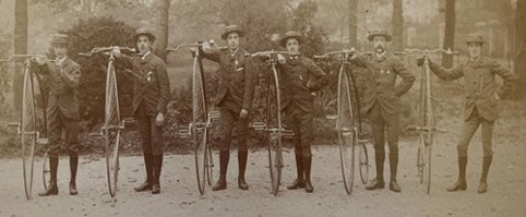 Members of the Gloucester cycling club with their penny-farthing bikes