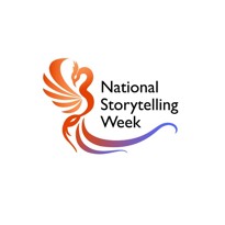Society for Storytelling logo for National Storytelling Week with an orange graphic abstracted