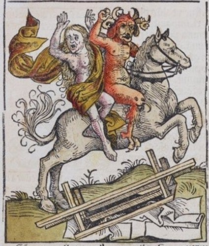 An illustration of the devil abducting a screaming woman atop a white horse