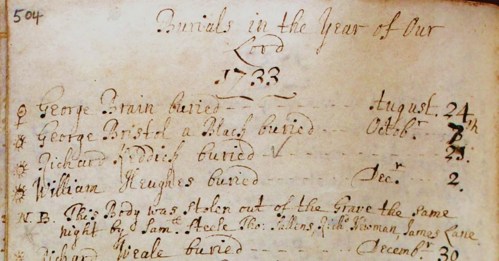 A photo of the parish register of Awre, which records a grave robbing incident