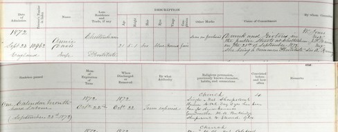 Annie Davis, prostitute, County Gaol Register, 1872