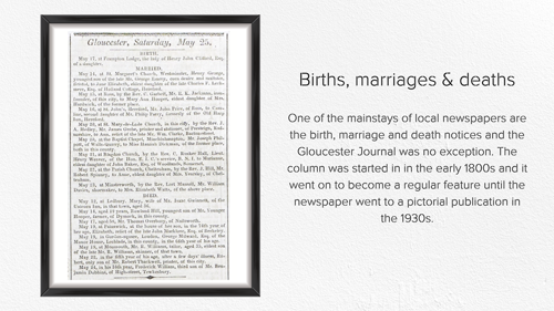 The births, marriages and deaths column in the Gloucester Journal
