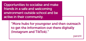 Opportunities to socialise and make friends in a safe and welcoming environment outside school and be active in their community. "More hubs for youngsters and then outreach to get the information out there digitally (Instagram and TikTok)." - Parent