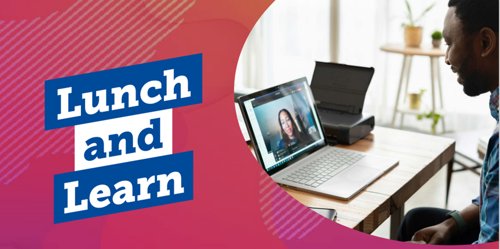 Decorative image: Blue and red Lunch and Learn logo.