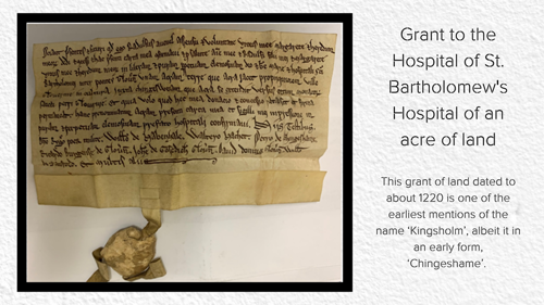 A photo of the grant to St. Bartholomew's hospital of an acre of land