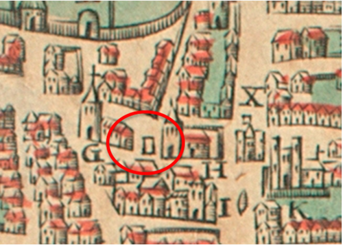 A historical map. A red circle has been added to show the location of The Kings' Board