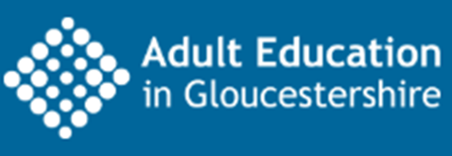 Adult Education in Gloucestershire logo with white text on a blue background and a square of white circles rotated 45 degrees