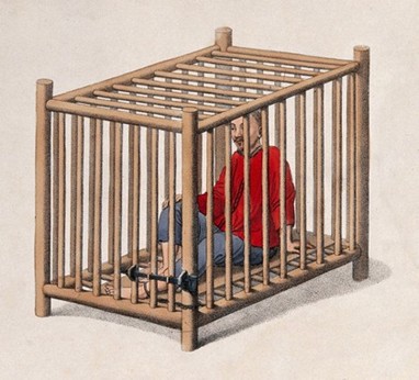 "A Chinese man is seated in a wooden cage." Coloured stipple print by J. Dadley, 1801.