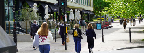 Photo of people crossing a road at a pedestrian crossing with a green person showing on the pedestrian lights. It's a sunny day with green leafy trees in the background