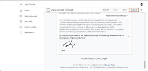 My Tasks screen showing the end of a management referral. Top right hand corner option to click 'Submit'.