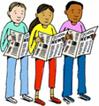 A cartoon of three people reading newspapers.