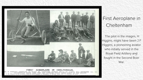 A photo of a news clipping about the first aeroplane in Cheltenham