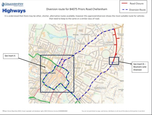 Map showing route diversion