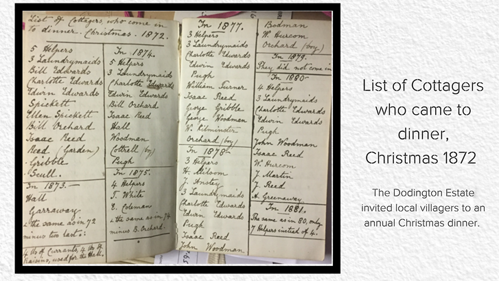 A list of local villagers who attended Christmas dinner at the Dodrington estate in 1872