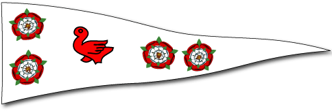An image of a standard, a long white triangular flag. This particular standard has four roses, two at the wider base and two at the thinner part of the triangle, with an image of a swan in the middle.