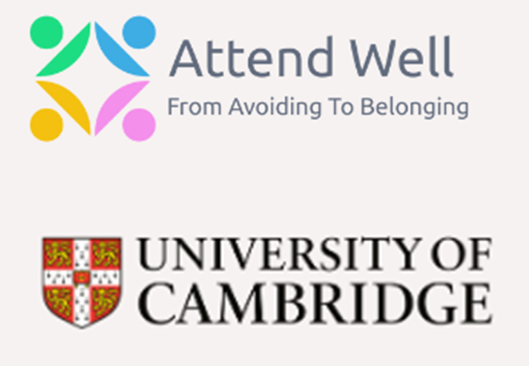 Logos of Attend Well ‘From Avoiding To Belonging’ and University of Cambridge on cream background. 