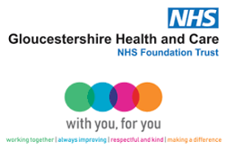 A logo for the Gloucestershire Health and Care NHS Foundation Trust. Working together, always improving, respectful and kind, making a difference.