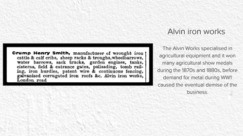 A photo of a section of text about Alvin Iron works