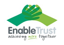 The logo of the sponsor of the new school - Enable Trust with Enable Trust as text and a graphic of two interlinking hands (one pale green and one darker green) with text underneath stating 'achieving more together'.