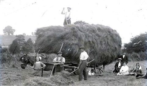 An image of workers by a hay cart