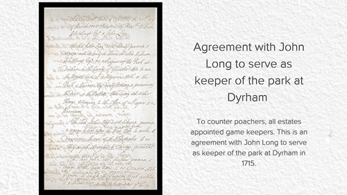 An agreement between Dyrham estate and John Long, that he will serve as the game keeper on the estate