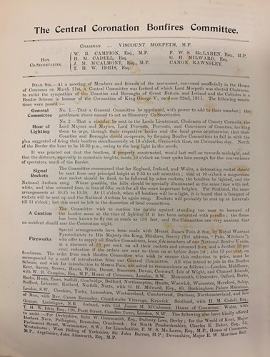 A document titled 'The Central Coronation Bonfires Committee'