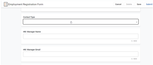 Employment Registration Form opened. Horizontal textboxes appeared awaiting for text to be entered, such as Contract Type, HR/manager name, HR/Manager email.