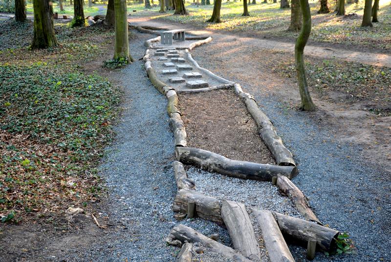 Tactile path for bare feet awakens the senses and uneven endings on the feet alternating different materials wood stone gravel sand bark in a park environment 
