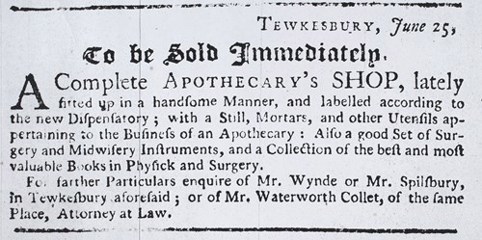 A newspaper clipping declaring the Apothecary's shop for sale