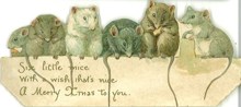 A Christmas card featuring six mice