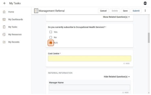 Question of 'Do you currently subscribe to Occupational Health Services'? Three option to choose from - Yes, No, NA