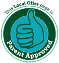 A circle with a green background and a light blue thumbs up symbol inside the circle with the words This Local Offer Page is Parent Approved