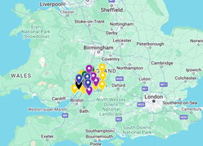 A digital map highlighting post-16 education providers in Gloucestershire.