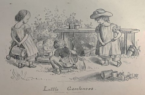An image showing 3 children gardening