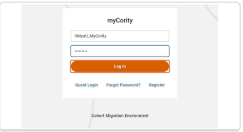 Homescreen to the myCority system. Three horizontal boxes, first is a textbox for username to be entered. Second is textbox for password to be entered. Third box is 'Log In' box that can be selected once username and password have been correctly entered.