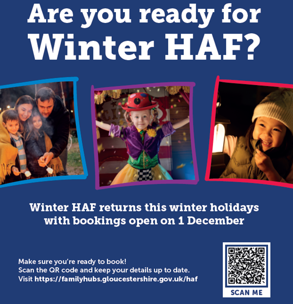 Poster with three separate images of children in outerwear and fancy dress with a QR code to the HAF booking which opens on 1 December