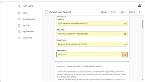 Further four horizontal textboxes for typing. One for employer, one for post title, one for department and once for directorate.