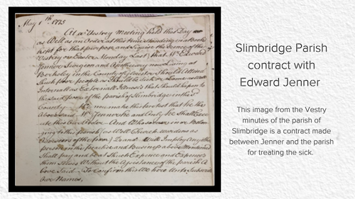 A photo of the contract between Slimbridge Parish and Edward Jenner