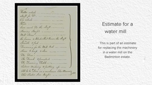 A photo of a document estimating the cost of replacing the machinery in a water mill on the Badminton estate