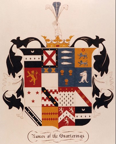An image of a coat of arms which comprises 15 different original coats of arms through marshalling.