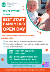 Poster promoting Best Start in Life open day at Bartongate Family Centre GL1 4AW on Friday, 4 September 2026 11am-2pm