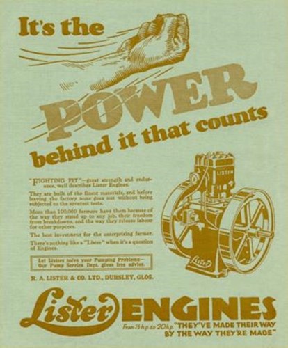 An advertisement poster for Lister Engines, with the motto 'It's the power behind it that counts'