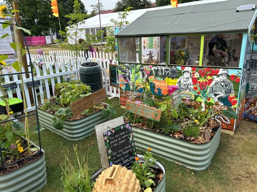 The Green Pledge Project's colourful shed and some veg trugs at Cheltenham Science Festival.