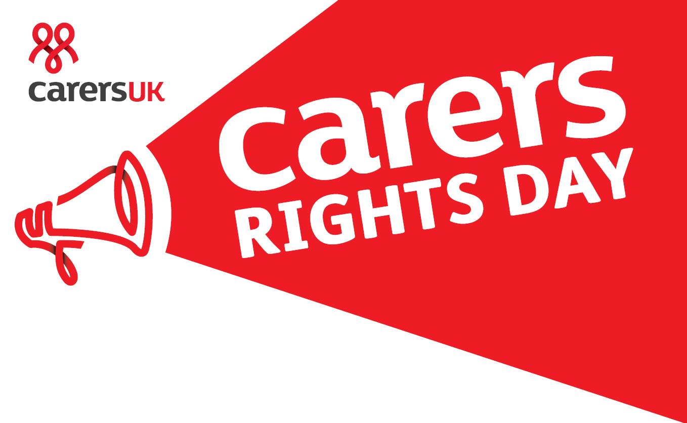 Carers UK logo with text stating 'carers rights day' white text on a red background appearing from a loud haler