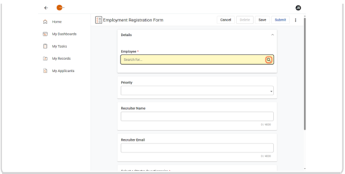 Employment Registration Form opened. Multiple textboxes that can be completed. First textbox is titled 'Employee' with a red asterix in the textbox. There is also a magnifying glass in right hand corner of the Employee textbox. Click on magnifying glass.