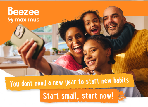Family of four smile' for a selfie, with the slogan ‘You don’t need a new year to start new habits. Start small. Start now.’