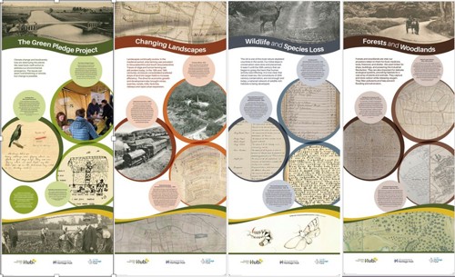 Four Green Pledge banners used by Gloucestershire Archives for engagement.