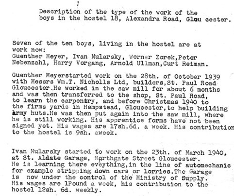 A document detailing the work each of the boys living in the hostel was doing