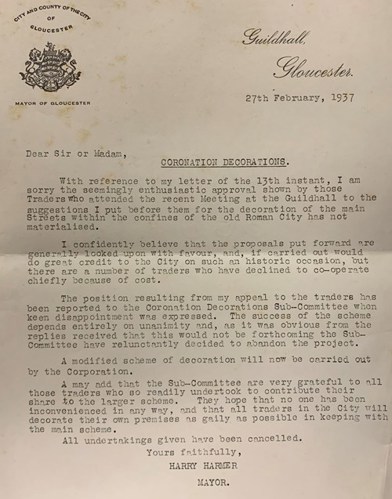 A letter from the mayor of Gloucester regarding coronation decorations